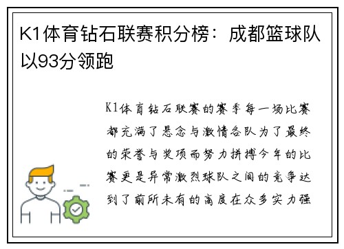 K1体育钻石联赛积分榜：成都篮球队以93分领跑