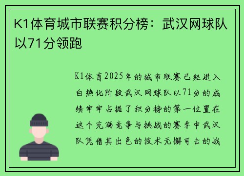 K1体育城市联赛积分榜：武汉网球队以71分领跑